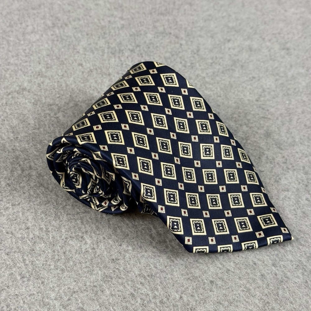Vintage Dai Huang 100% Silk Navy Geometric Diamond Necktie Wide 57x3.9"